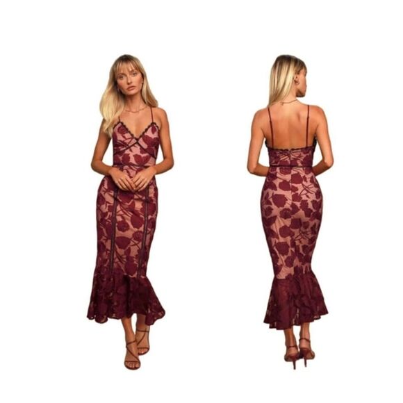 Lulus Alluring Dream Burgundy Floral Mesh Lace Trumpet Midi Dress Size XS - Picture 15 of 15